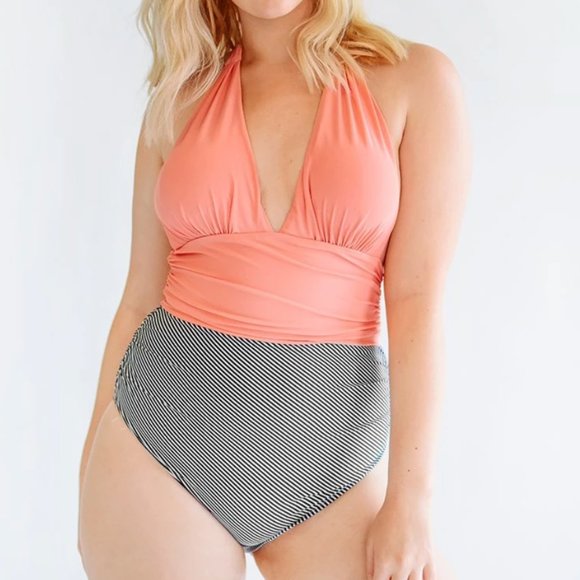 Cupshe Other - Pink & Black Striped Halter One Piece Swimsuit M